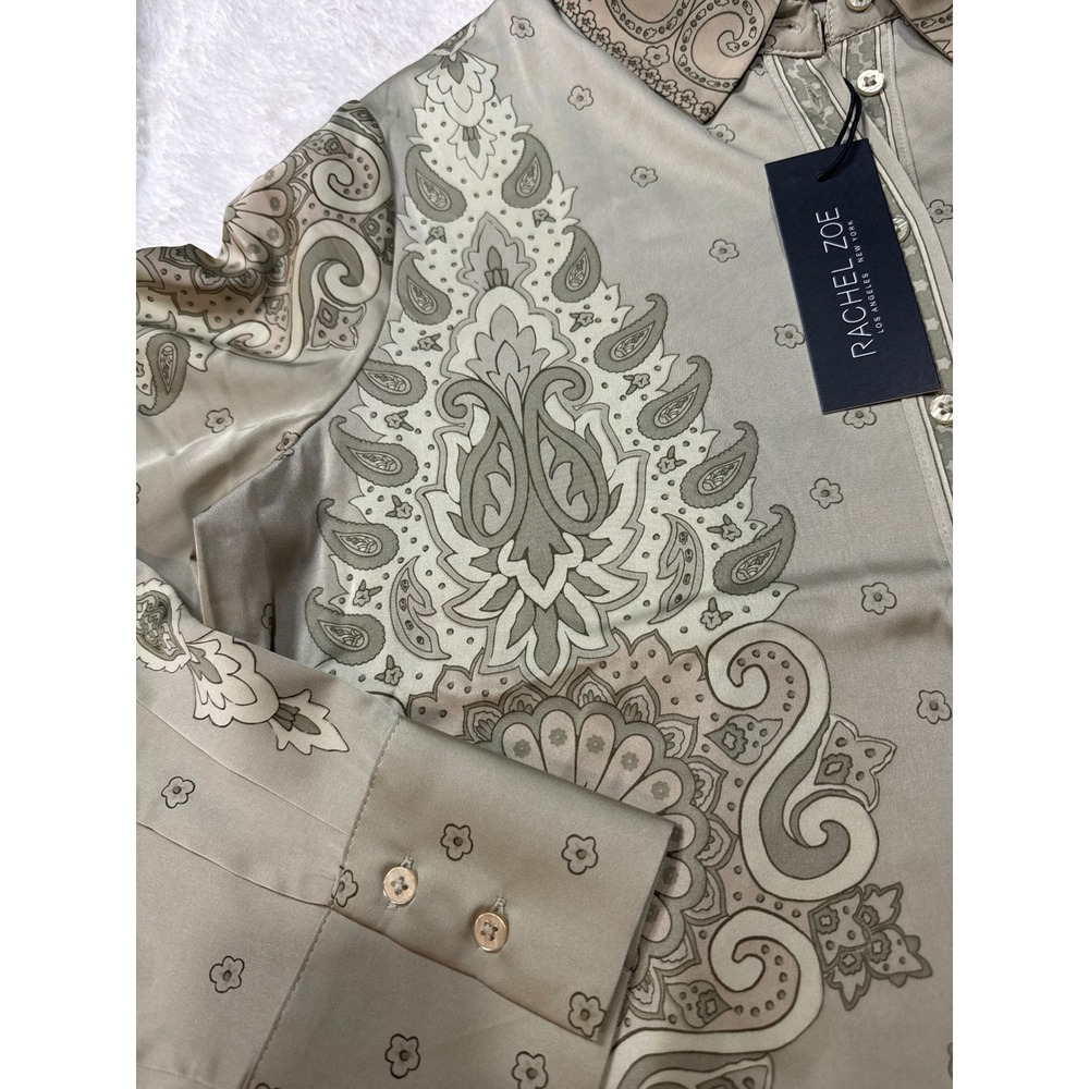 Rachel Zoe Paisley Button Down Blouse Womens Small Sage Green NWT Long Sleeve - Picture 4 of 5